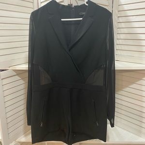 BCBG Max Azria black tuxedo romper with mesh detains around waist